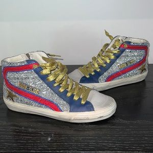 Golden Goose Slides Blue/Gold/Red/Silver Leather Glitter Sneakers EUR 38